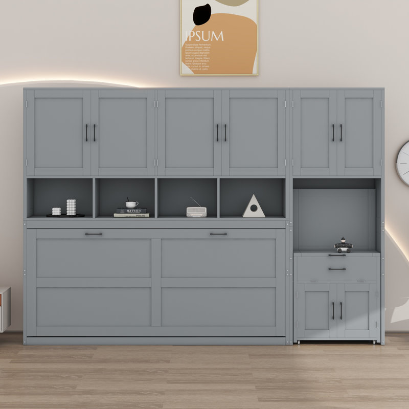 Lit escamotable mural avec placard, tiroirs et bureau Murphy, Gris
