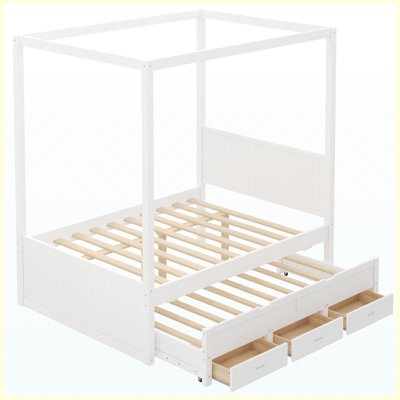 Lit plateforme à baldaquin double avec lit gigogne simple, 3 tiroirs de rangement, tête de lit, lit à baldaquin blanc pour chambre à coucher