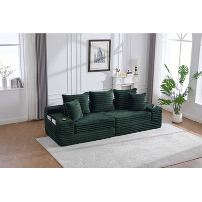 Oversized Boneless Four Seats Sofa with Cup Holder and Side Pockets, Upholstered Corduroy Sofa Bed Cloud Couch with 3 Pillows, 2 Lumbar Pillows for Living Room and Bedroom