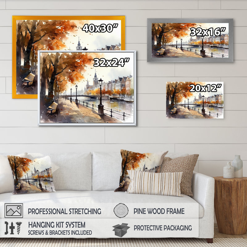 Rudys Waterfront Cityscape II sur impression sur toile, H 16 po x l 32 po x P 1 po, Cadre flottant noir