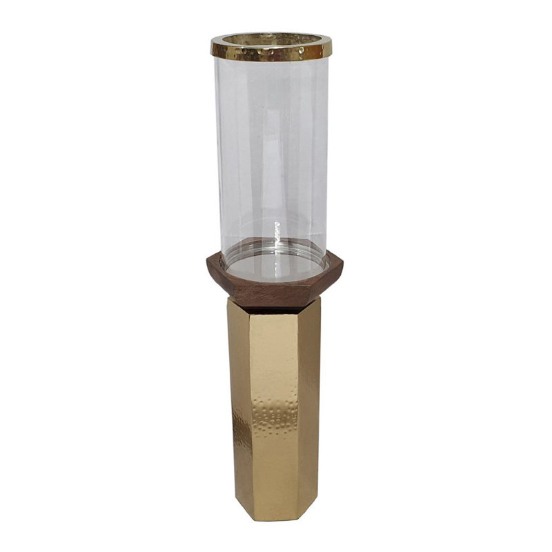 Gemo Hurricane Candle Holder With Gold Base, Mango Wood Accent 20 Inch