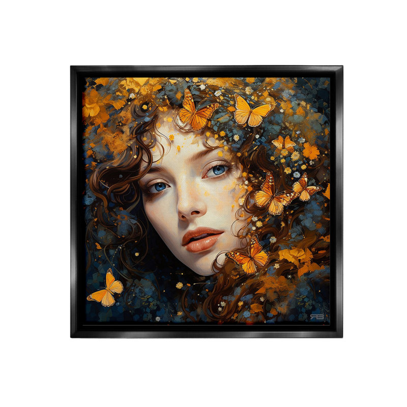 «Woman With Monarch Butterflies Floater Frame» par RB sur toile, Cadre flottant noir de jais, H 25 po x l 25 po