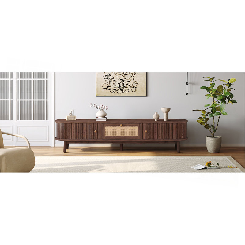 TV Stand for 75” TVs, Modern Dark Brown Media Console with Rattan Drawer &amp; Sliding Doors | Dark Brown | Solid Wood+MDF