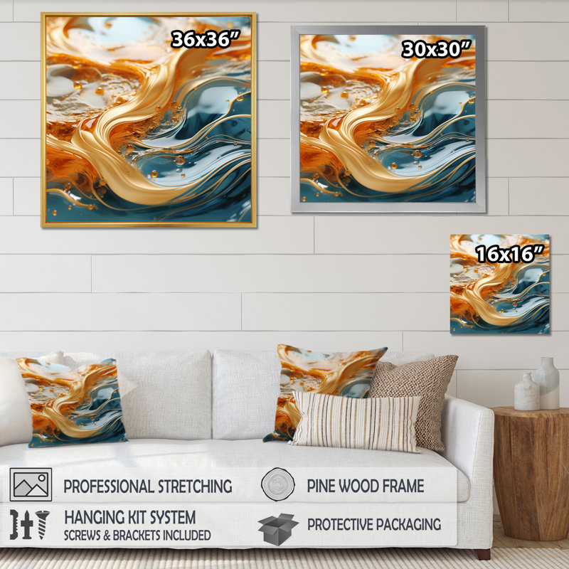 «Bold Gold Elegant Wave On Blue - Abstract Shapes», impressions d'art mural, H 30 po x l 30 po x P 1 po, Cadre flottant doré