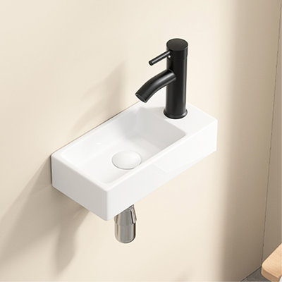 Wall Hung Rectangle Ceramic Wash Basin, Small Milk White American Traditional Cloakroom Sink, 14*7*3Inch, Left Hand, Single Tap Hole For Utility Room Hand Style, Bathroom