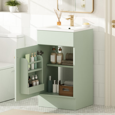 Meuble-lavabo de 45,7 cm (18 po) avec trop-plein fini, tablette de porte et charnières métalliques à fermeture amortie pour une durabilité accrue et une meilleure expérience.