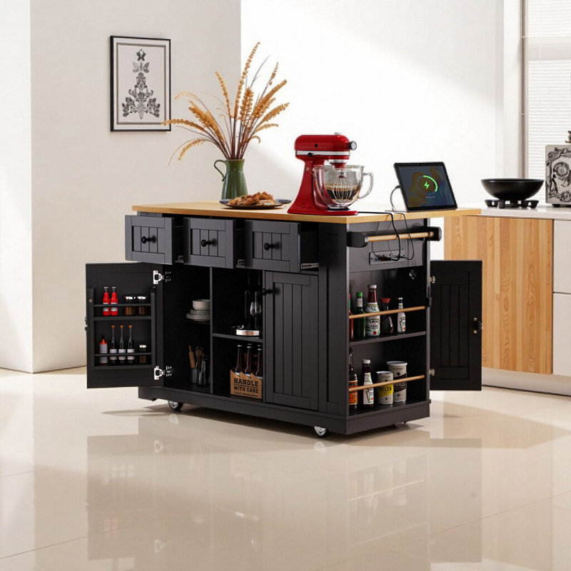 Îlot de cuisine 53 po - prise de courant + supports de rangement internes, Noir