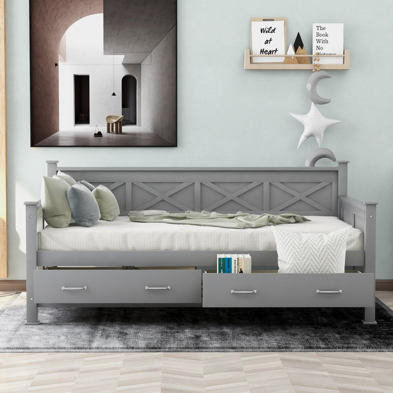 Lit de jour de style rustique, base de lit avec 2 tiroirs, Gris