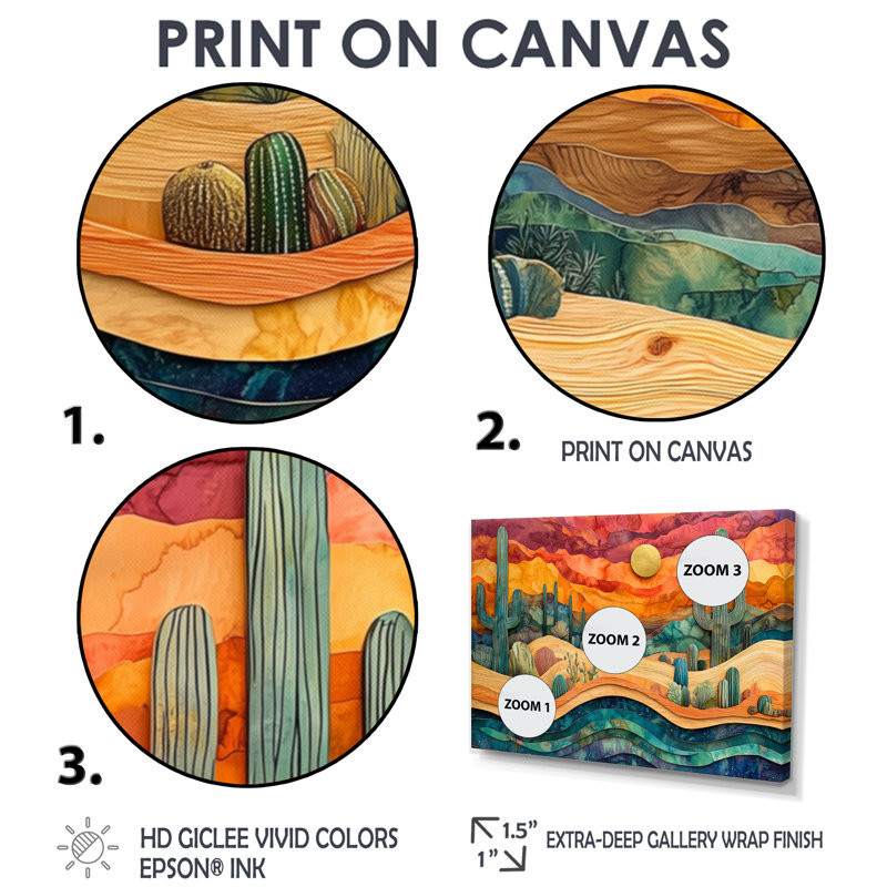 Cactus du désert sur un plateau en bois II - Cactus, art mural, Toile tendue, Ne s’applique pas, H 24 po x l 32 po