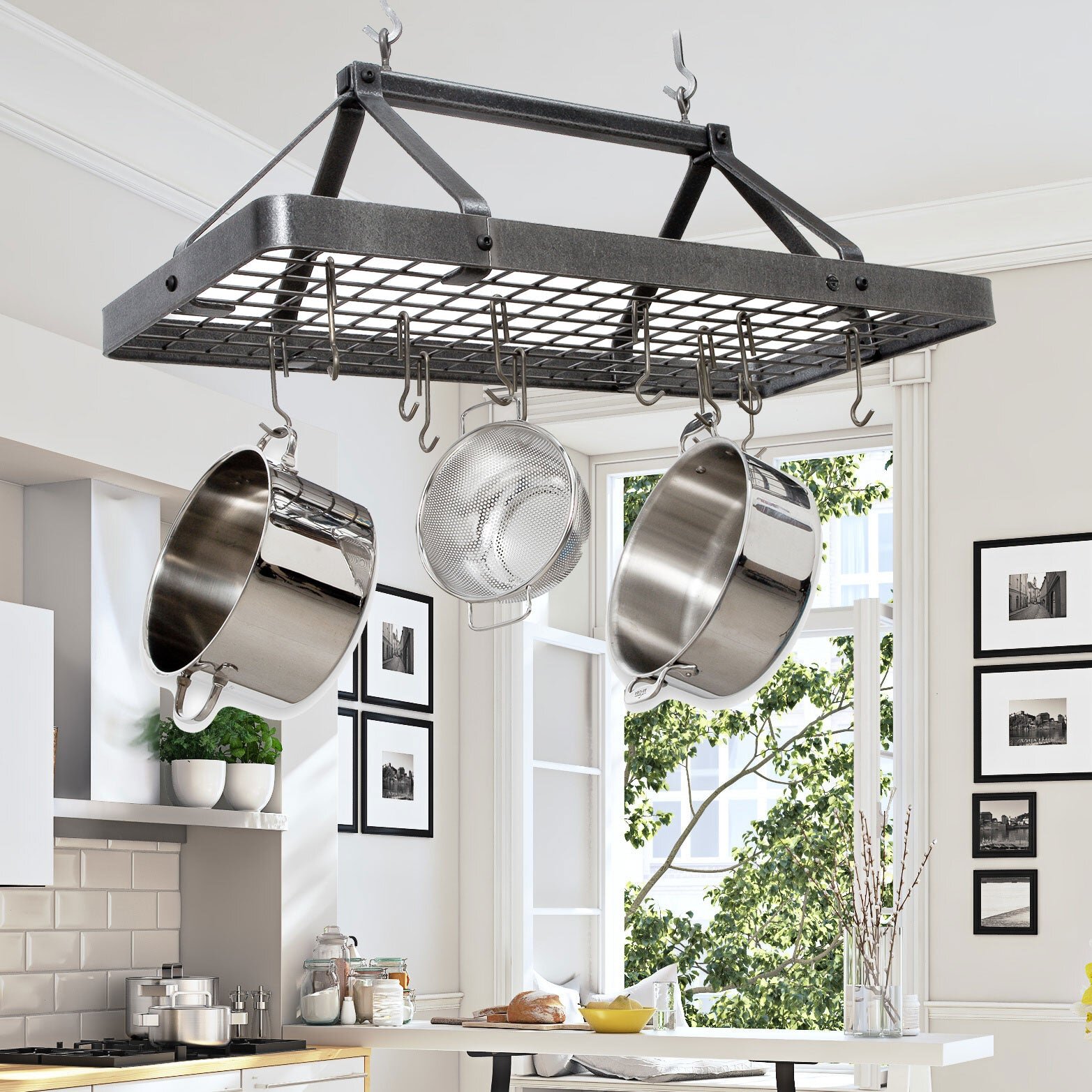 Hanging Pot Racks, Oval Stainless Steel Pot And Pan Rack For Ceiling With  Hooks Home Kitchen Storage Rack Multi-Purpose Organizer 