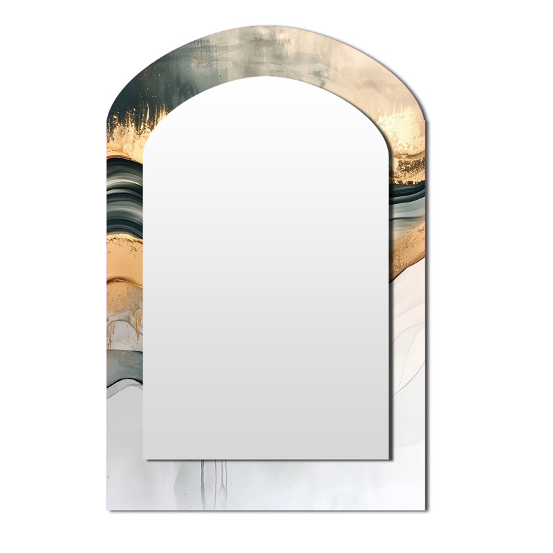 Silent Melody Of Golden Hard Edge Ink II - Hard Edge Painting Arch Unique Wall Mirror, Modern Asymmetrical Mirror, Printed Metal Art