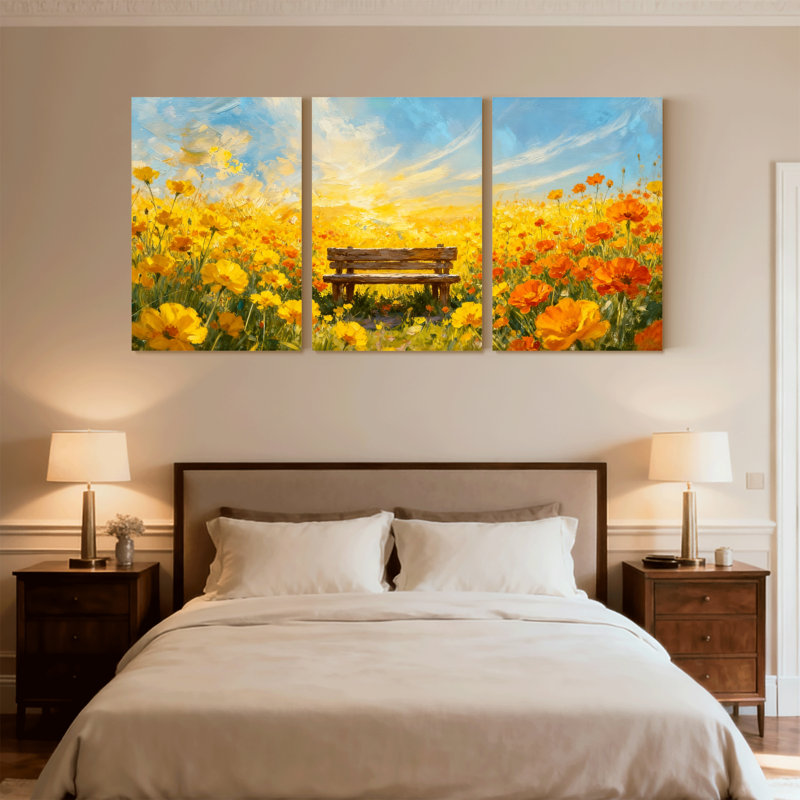 Assortiment de bouquets de coucher de soleil, champ de fleurs, reflet du ciel, ensemble de 3 reproductions d'art sur toile