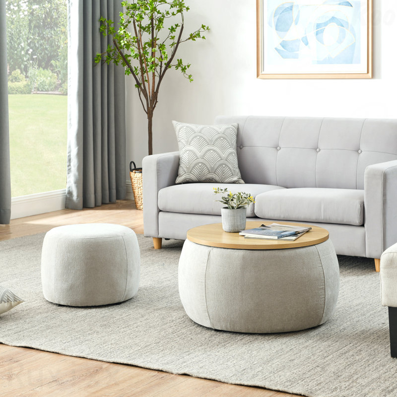 Round Storage Ottoman - 2 In 1 End Table & Footrest, Gray