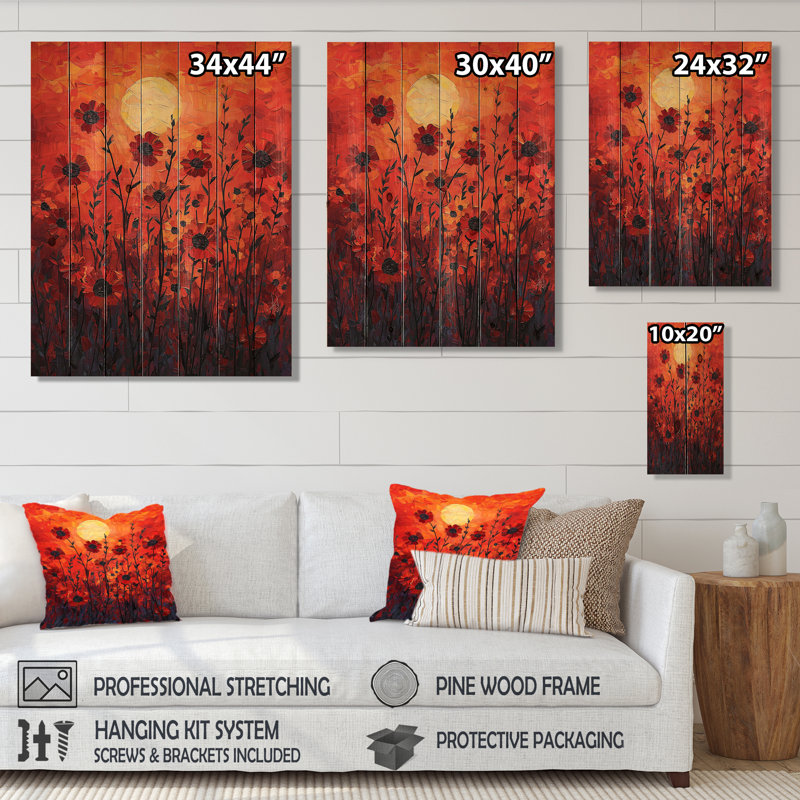 Red Sunset Wildflowers Glory II - décoration murale en bois Wildflowers - sur bois de pin naturel