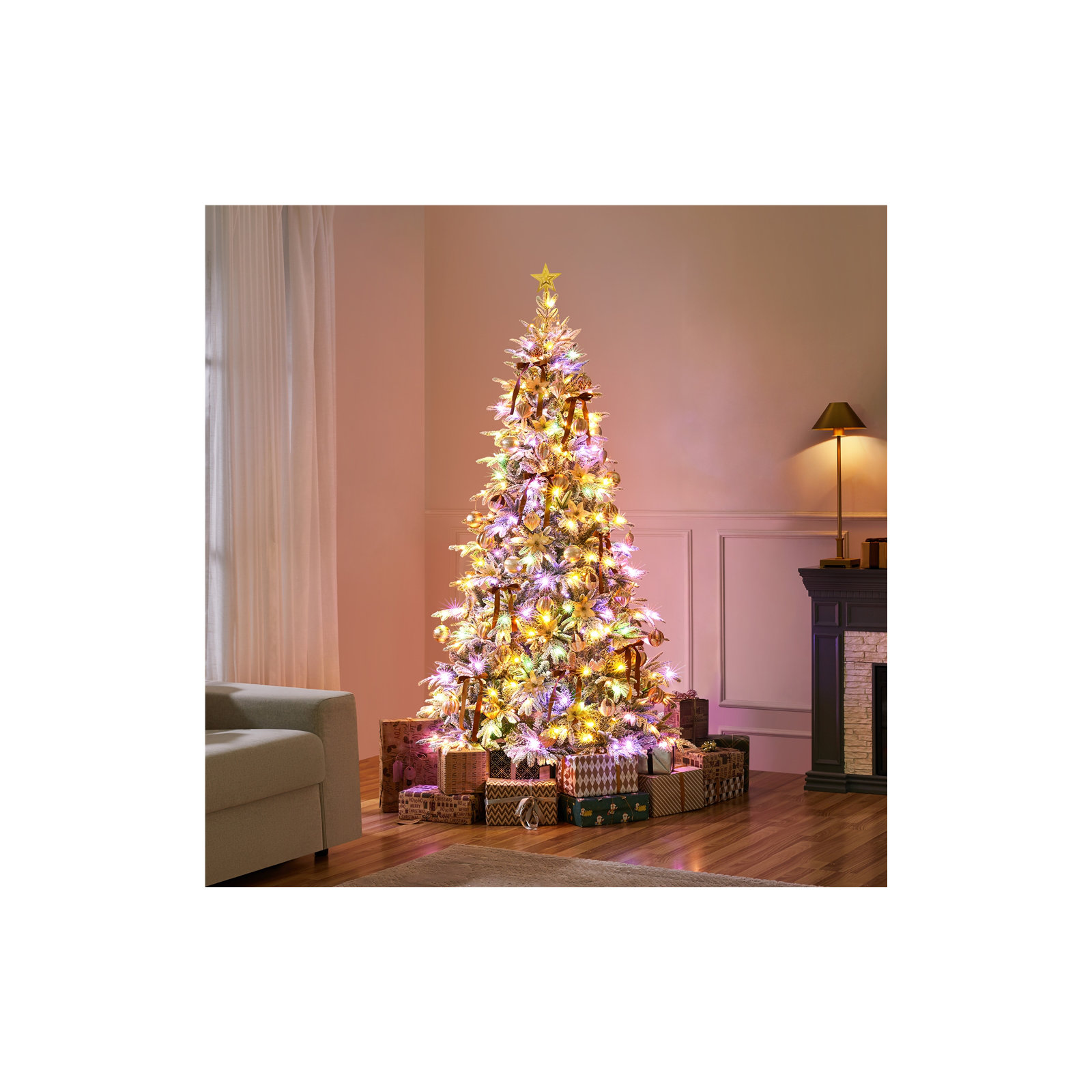 Pre-lit Snow Flocked Christmas Tree with Multicolored LED Lights of 9 Light Modes, 6'