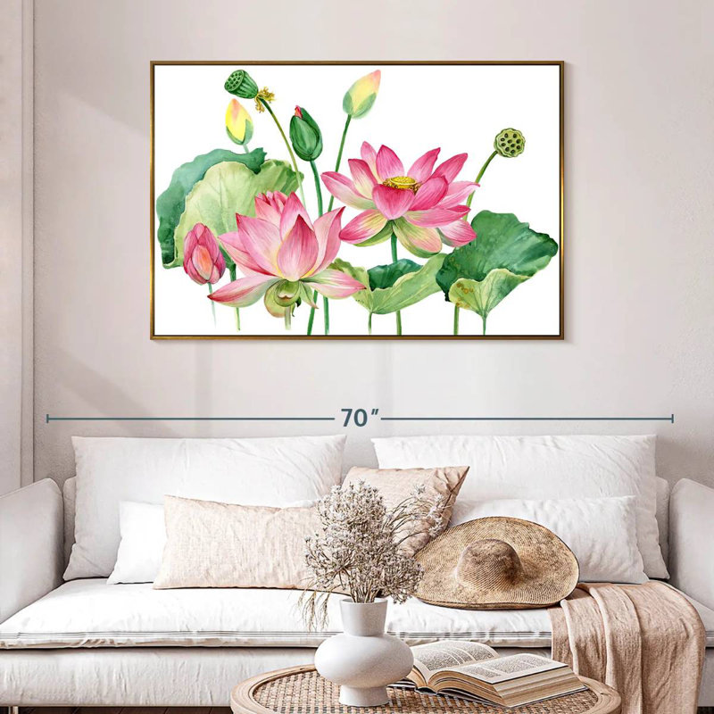 Grappe de lotus rose, 46 po x 31 po, Cadre flottant doré