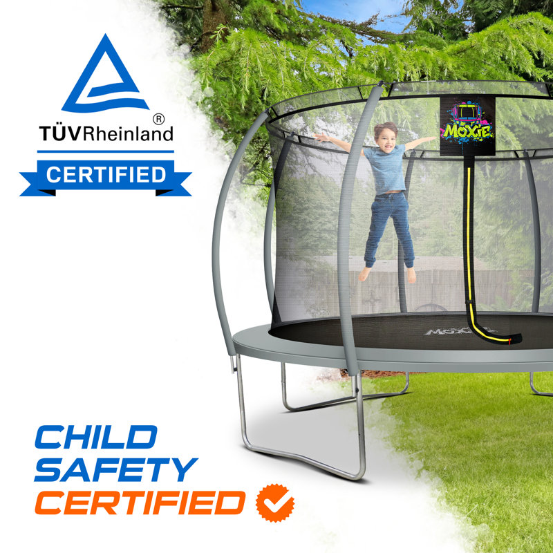 Machrus Moxie Pumpkin-Shaped Outdoor Trampoline Set with Top-Ring Frame Safety Enclosure, 14 FT, Gray