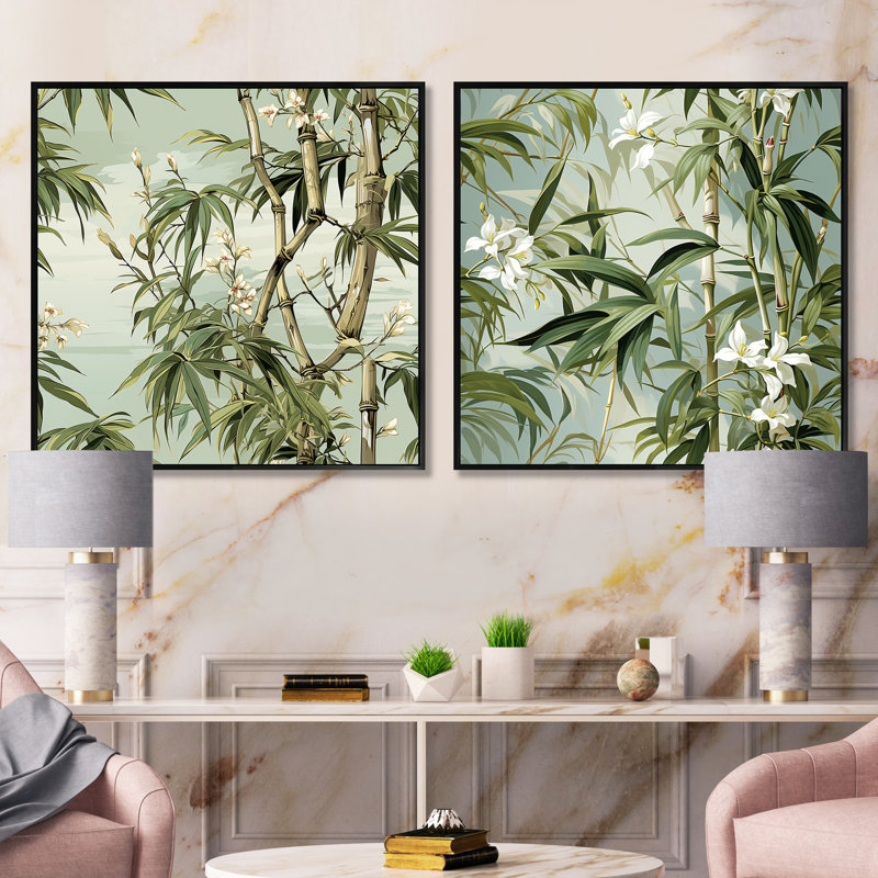 Bamboo Elegance - motif tropical - ensemble de 2 collages carrés tropicaux, Cadre flottant noir, H 16 po x l 33 po
