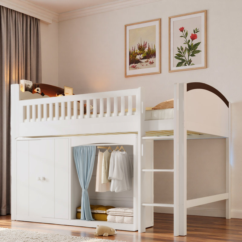 Lit mezzanine avec armoire de rangement, garde-robe et DEL, Blanc