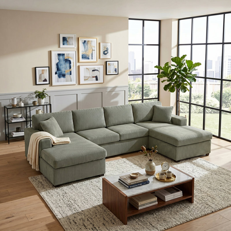 Canapé modulaire surdimensionné en U de 115,3 po avec méridienne - canapé en velours côtelé, 3 coussins décoratifs, assise profonde (22 po) et coussins épais (5,9 po) - grand canapé modulaire de salon, support à ressorts ensachés - Assemblage facile