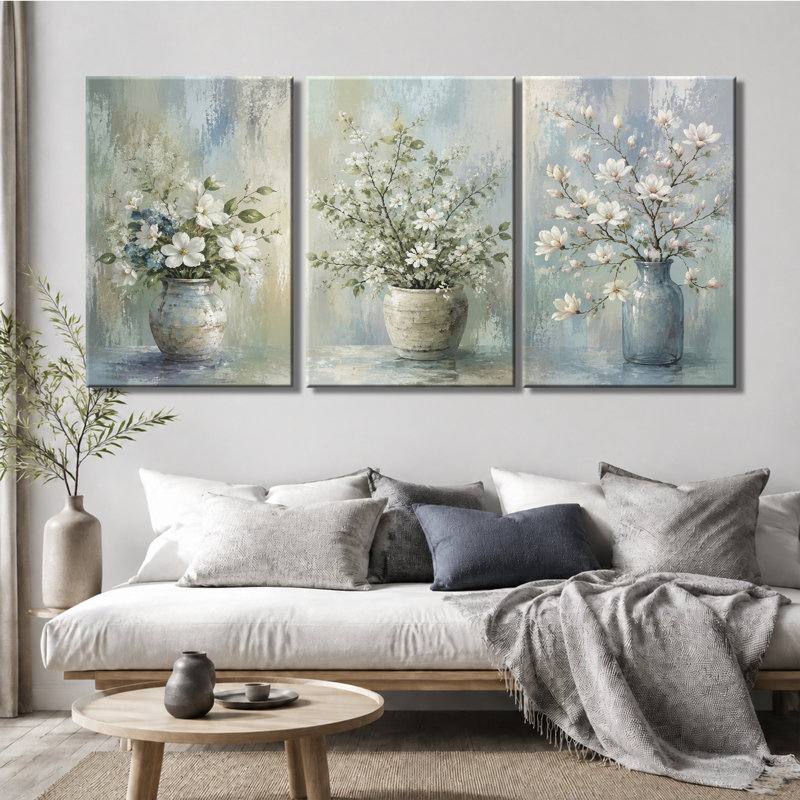 3 panneaux muraux Vase rétro imprimé botanique sur toile, 12 * 18 pouces * 3