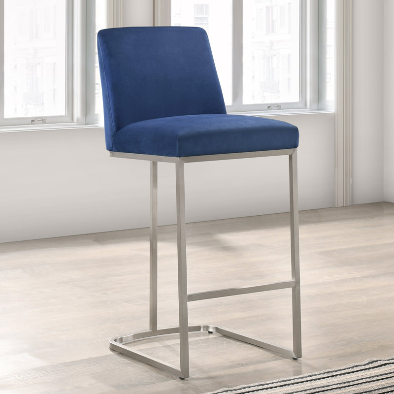 Tabouret Harrill, Bleu, Tabouret de bar (siège d'une hauteur de 28,5 po), Argent