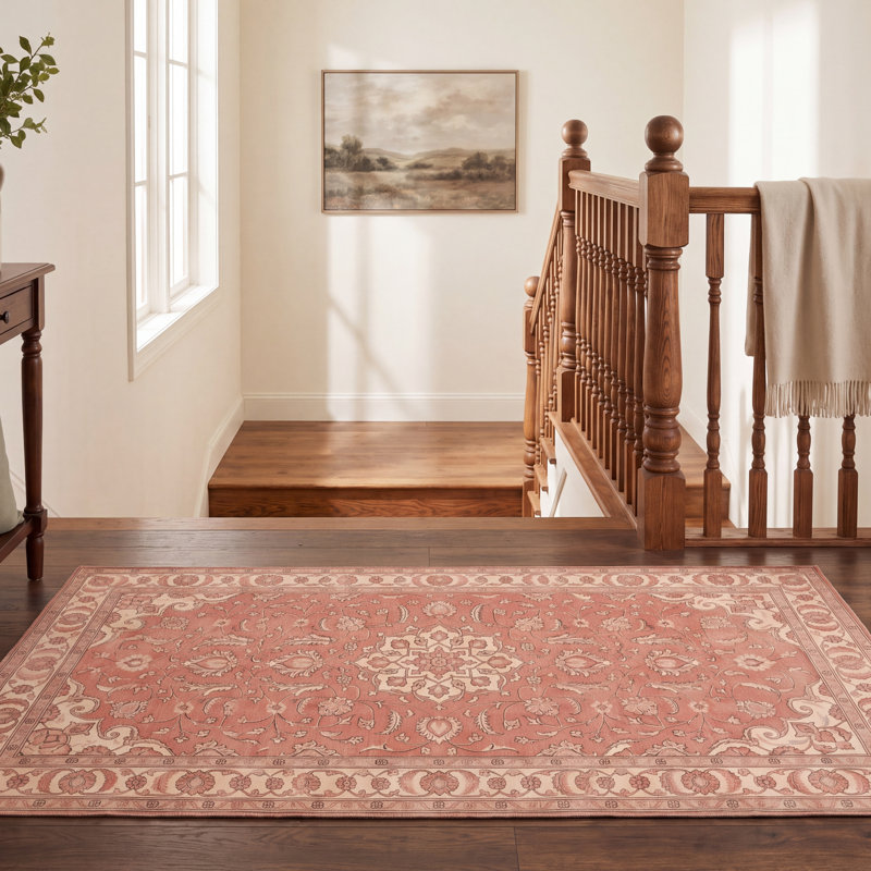 Tapis persan traditionnel avec médaillon délavé, style Harvest, orange, ivoire, or, vert et gris, lavable à la machine, antidérapant, à poils courts, pour l'intérieur et l'extérieur, adapté aux animaux domestiques, idéal pour le salon, la chambre, la salle à manger, l'entrée, le couloir ou le bureau.