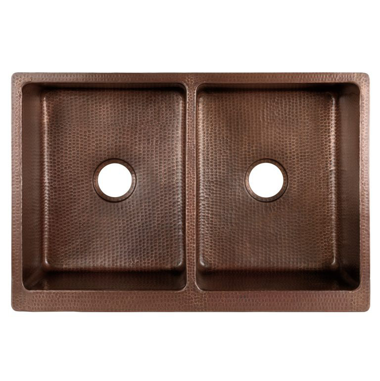 33" Antique Hammered Copper Farmhouse Double Basin Kitchen Sink