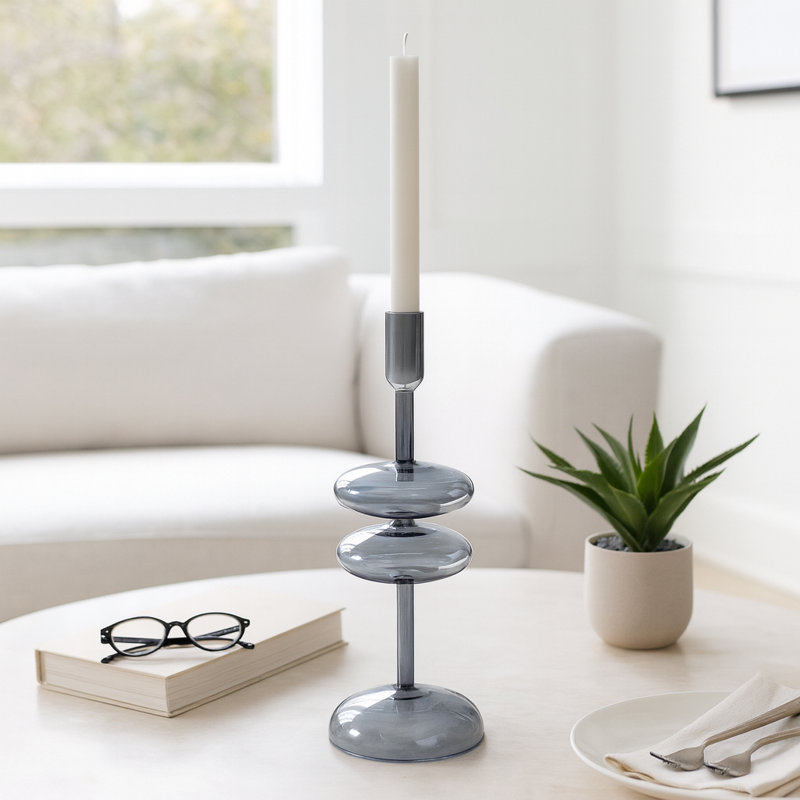 Modern Sculptural Glass Candle Holder for Tabletop Accent - Decorative Taper Candlestick Holder for Dining Room Decor - Blue