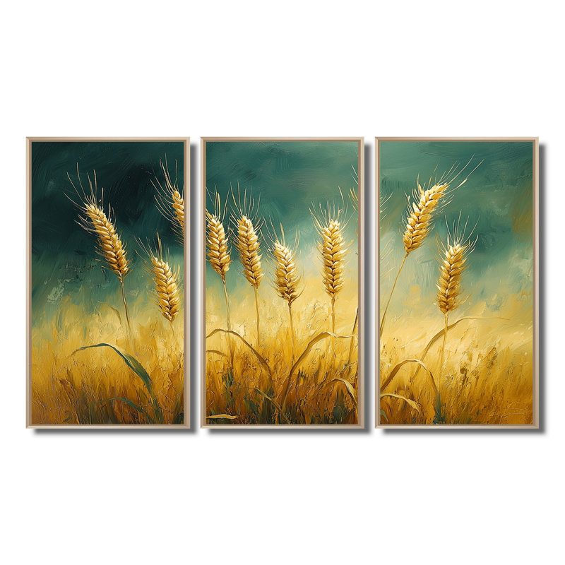«Green Golden Wheat Fields II», ensemble d'art mural ferme, Toile naturelle avec cadre flottant, H 40 po x l 60 po x P 1 po