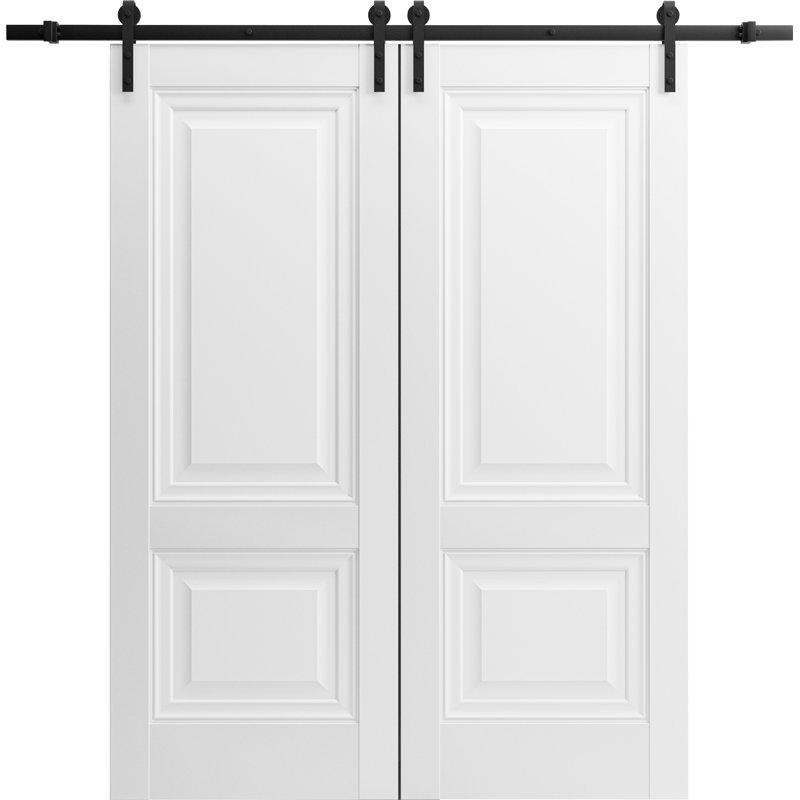Porte de grange double robuste | Lucia 8831 soie blanche | Ensemble lourd de cintres en acier inoxydable 13 pi, 56 po x 80 po