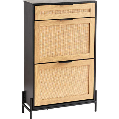 Narrow Shoe Organizer, 2 Flip Drawers & 1 Slide Drawer, Metal Legs, Black, Space - Saving, Exquisite Design Design, Ample Capacity
