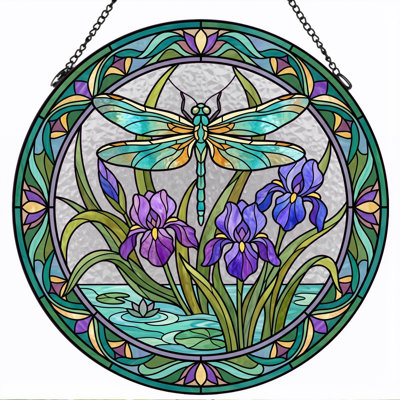 Dragonfly Iris Stained Glass Window Panel，7.8H