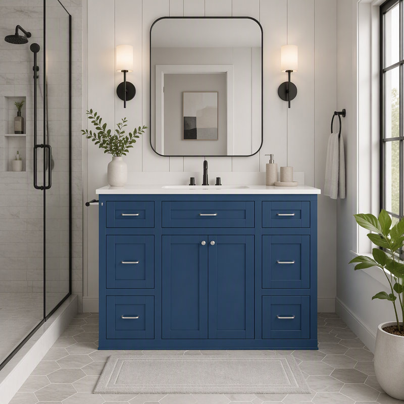 Meuble-lavabo double de 48 pouces avec lavabo, armoire de rangement autoportante avec portes et tiroirs, Marine