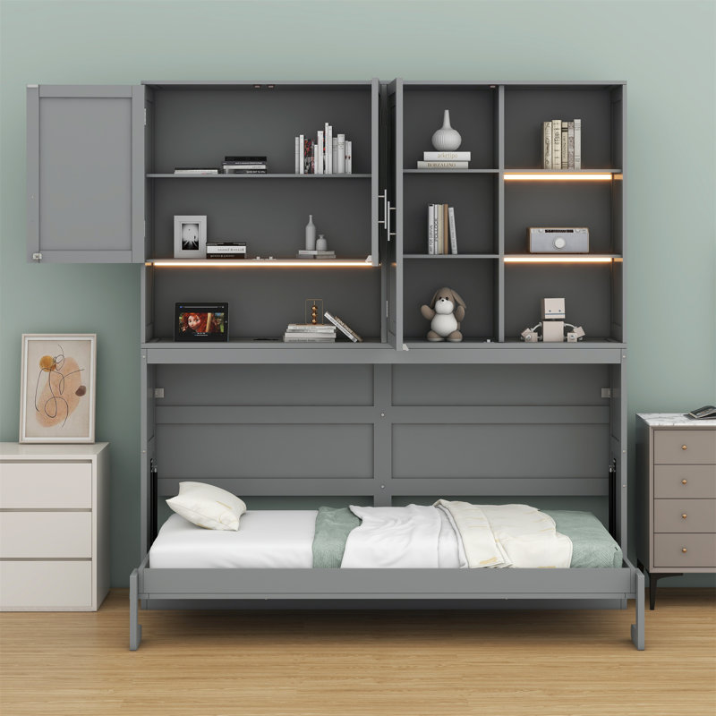 Lit escamotable mural avec armoire supérieure, tablettes, lit pliable peu encombrant avec éclairage et port USB, Gris