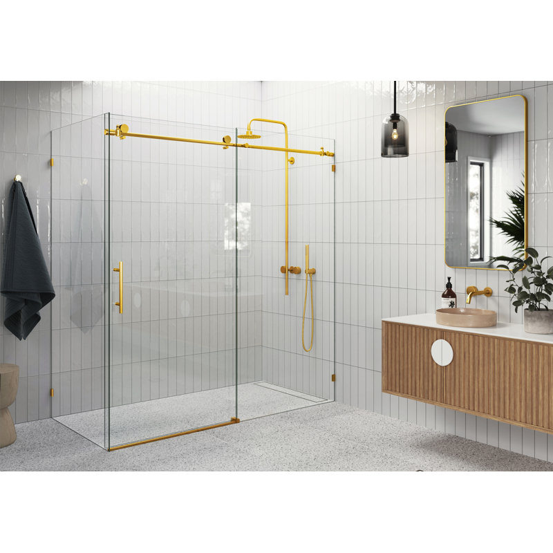 Nova 72 in. x 36 in. x 78 in. 90-degree Fully Frameless Sliding Glass Shower Enclosure, Satin Brass