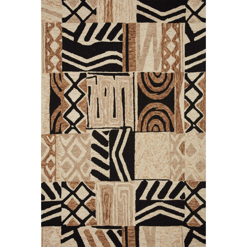Tapis brun / noir / crème en laine touffeté à la main Brinson, Rond 3 pi