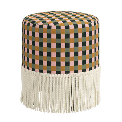 Pierre Fringe Ottoman In Painted Check Plaid Sage Oga by Dakota Fields