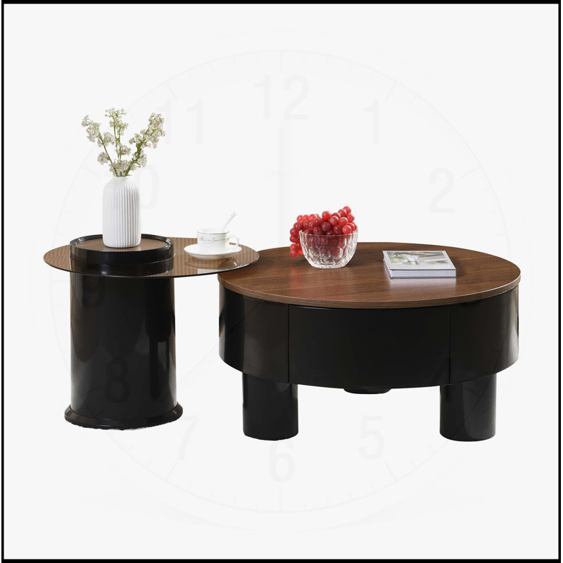Round Nesting Coffee Table Set of 2 with Storage Drawer, Space-Saving Design for Living Rooms, Black Plastic Centre Tables