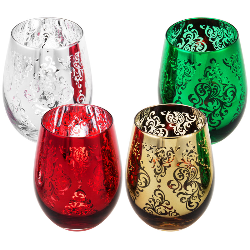 Festive Multicolor Stemless Wine Glass Set with Baroque Pattern, 16 oz Capacity