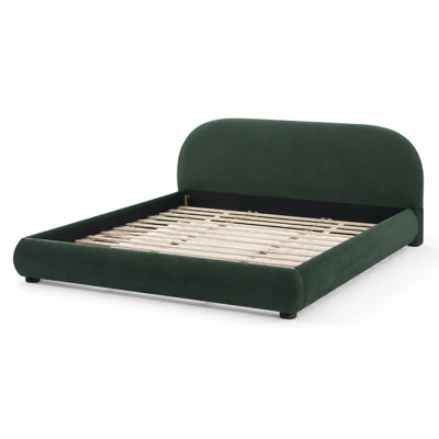 King Size Upholstered Bed with Soft Plush Fabric, Ergonomic Curved Headboard, Sturdy High Load-Bearing Frame