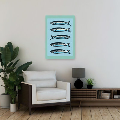 Cinq sardines bleues - Affiche murale contemporaine et rétro représentant des poissons de l'océan