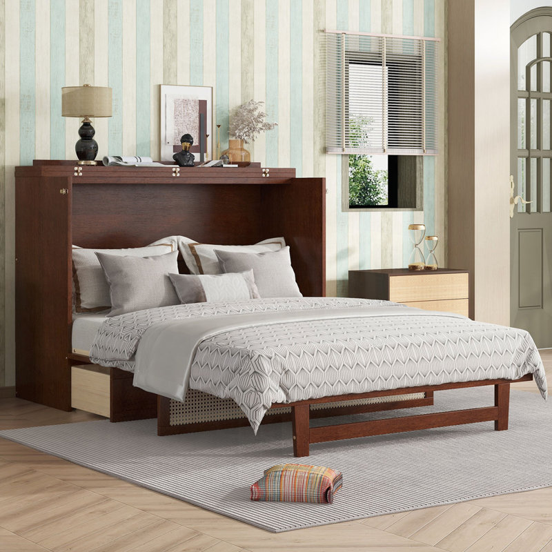 Grand lit escamotable, armoire-lit en bois de pin avec décoration en rotin et tiroir de rangement, Noyer