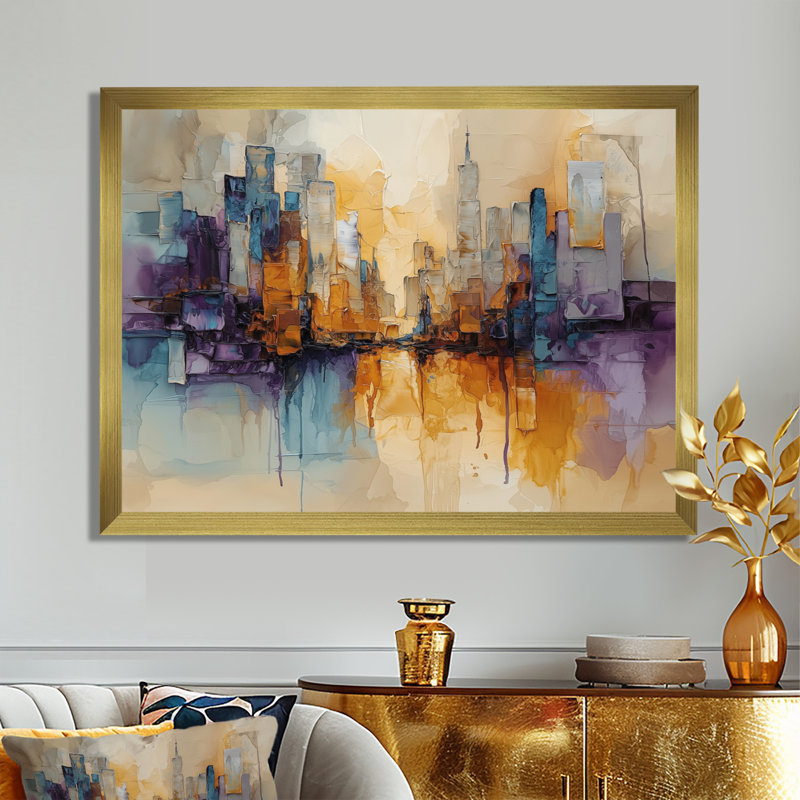 Nyel Urban Jazz, encre liquide paysage II - encre liquide, art mural, H 30 po x l 40 po, Cadre simple, Doré