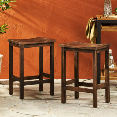 Outdoor, 2 - Piece Counter Stool , Wood, Brown, Subtly Curved Seats, Stability Brown Wood Backless Stools For Indoor/outdoor Use, Of 2, Weather And Elegance