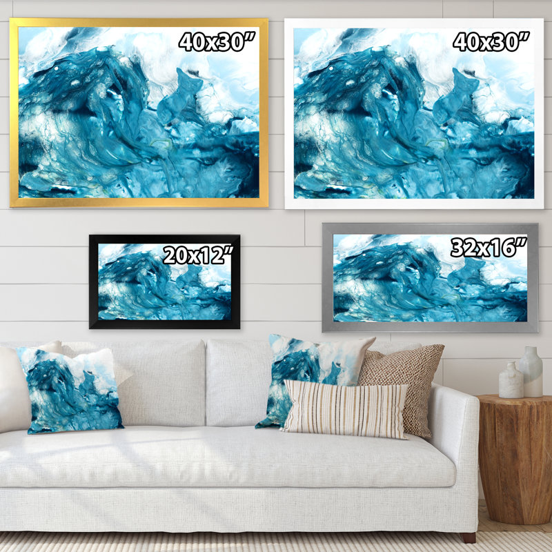 Art turquoise liquide - peinture sur toile, Toile à cadre d'angle fermé doré, H 16 po x l 32 po