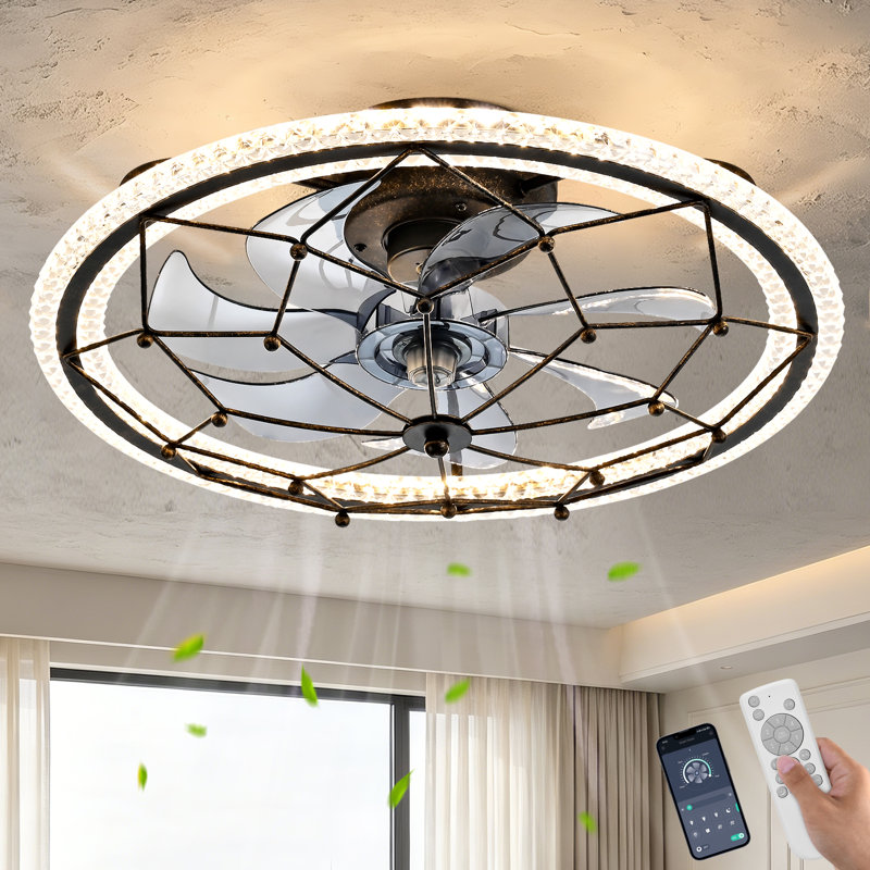 Low-Profile Caged Ceiling Fan Light Kit with Remote Control, Antique Black - 20"