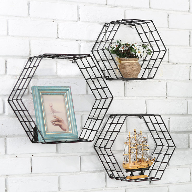 Mthimunye 3 Piece Hexagon Metal Floating Shelf, Black