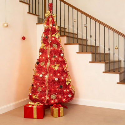 6Ft Pre-Decorated Red Pop-Up Christmas Tree With 150 Warm White LED Lights, Includes Ornaments & Ribbons For Instant Festive Display, Easy Assembly Space-Saving Artificial Tree