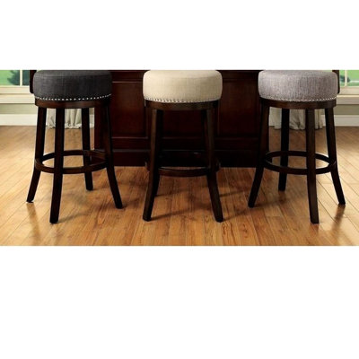 Contemporary 2 25" Swivel Bar Stools, Beige Fabric Padded, Dark Oak Solid Wood Legs, Nailhead Trim, Kitchen Decor Characteristics Transitional Style P